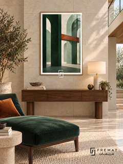 Sage Passage: Forest-green columns and sage arches form an imagined architectural space, crossed by a rust beam and soft geometric shadows. Gold PVC frame displayed with a walnut console and deep green chaise.