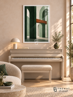 Sage Passage: Forest-green columns and sage arches form an imagined architectural space, crossed by a rust beam and soft geometric shadows. White PVC frame displayed with a cream upright piano and upholstered bench.