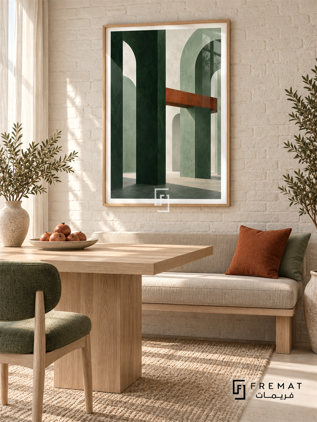 Sage Passage: Forest-green columns and sage arches form an imagined architectural space, crossed by a rust beam and soft geometric shadows. Wooden Texture PVC frame displayed with an oak dining nook with cream banquette and green chair.