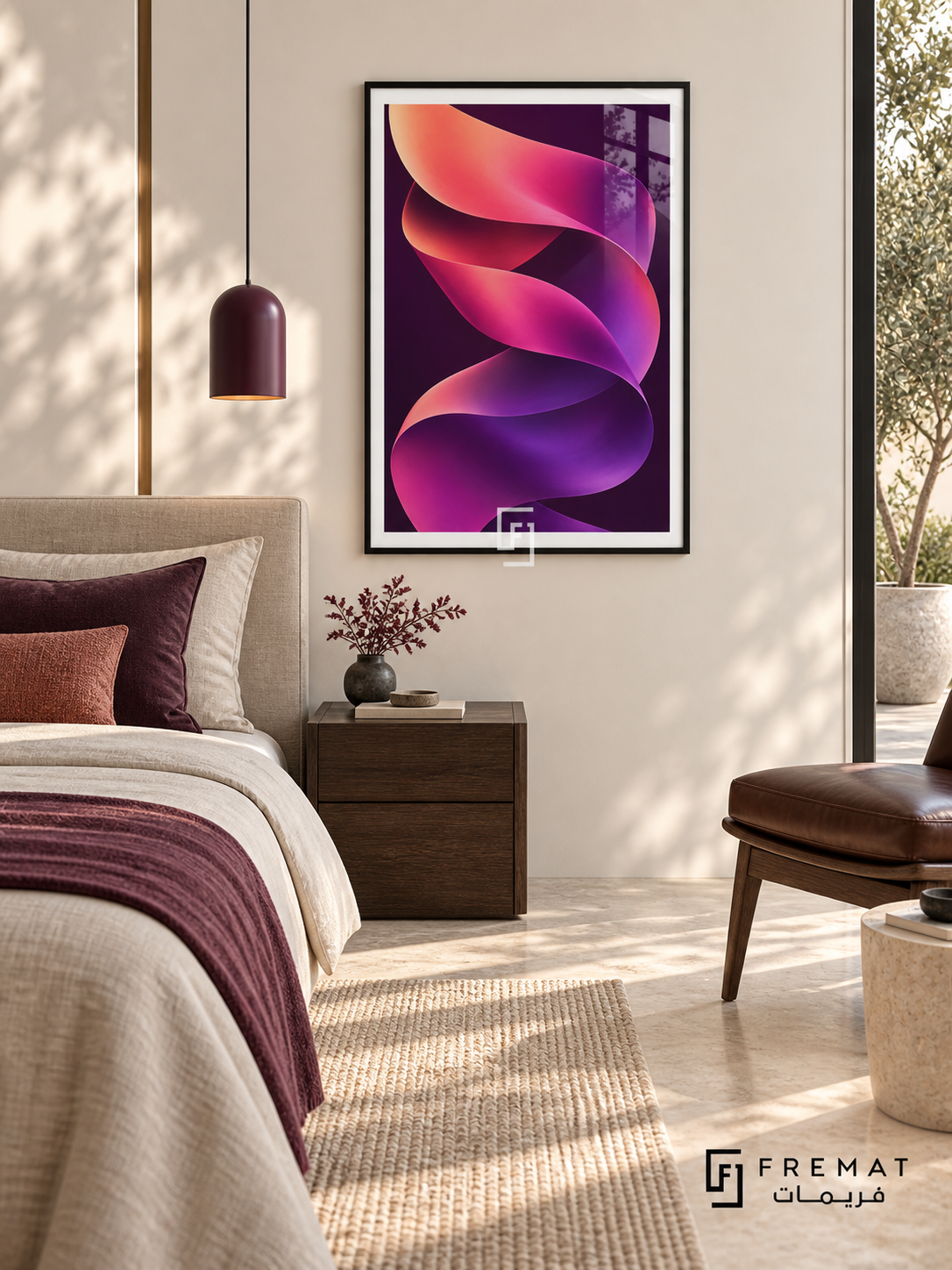 Neon Helix: A luminous twisting ribbon shifts from peach and coral through fuchsia to violet against a deep plum background. Black PVC frame displayed with a neutral bed with plum textiles and walnut nightstand.