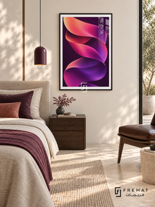 Neon Helix: A luminous twisting ribbon shifts from peach and coral through fuchsia to violet against a deep plum background. Black PVC frame displayed with a neutral bed with plum textiles and walnut nightstand.