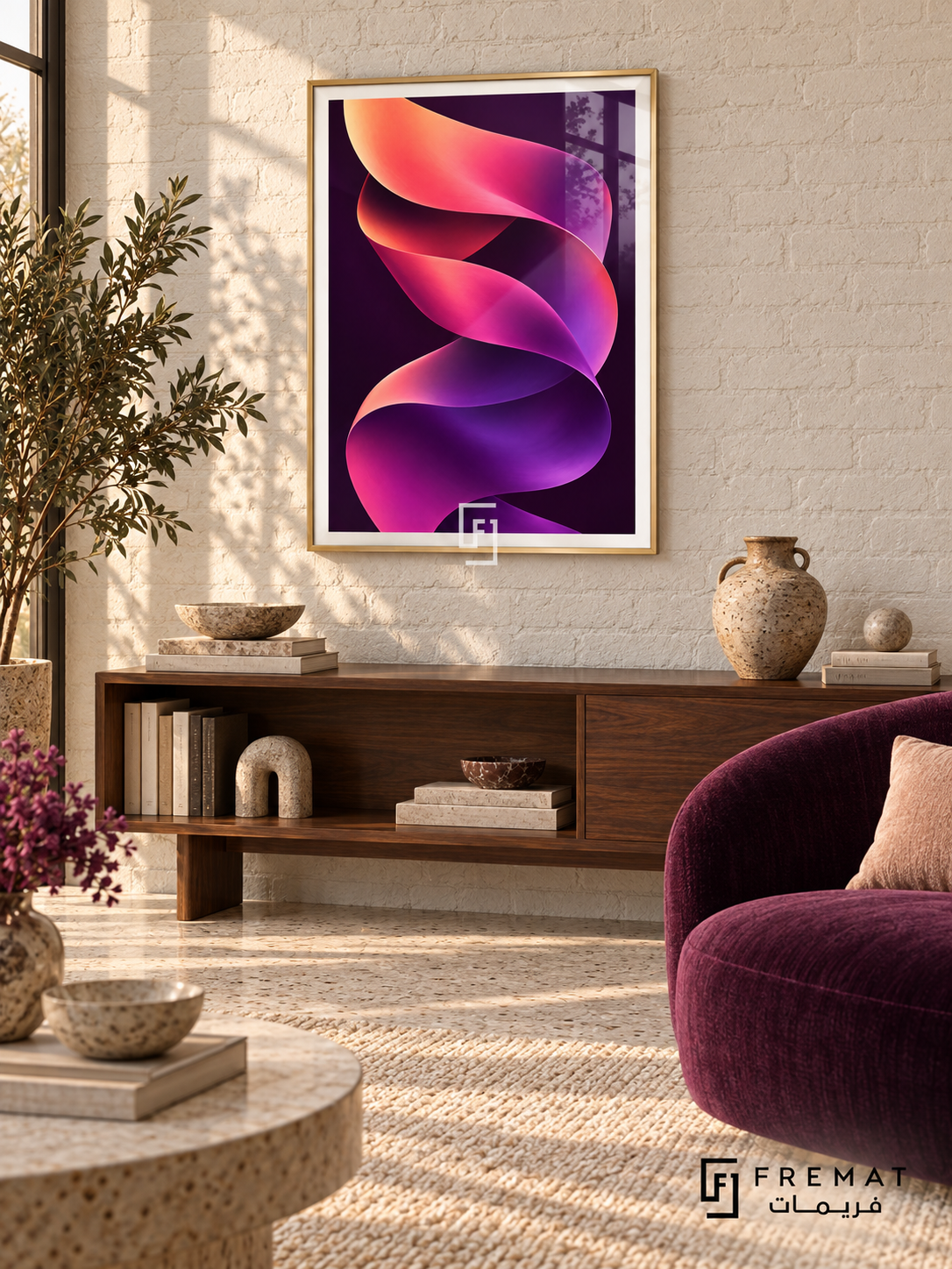 Neon Helix: A luminous twisting ribbon shifts from peach and coral through fuchsia to violet against a deep plum background. Gold PVC frame displayed with a walnut book console and rounded plum armchair.