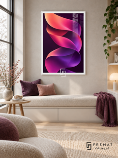 Neon Helix: A luminous twisting ribbon shifts from peach and coral through fuchsia to violet against a deep plum background. White PVC frame displayed with a cream built-in window bench with plum cushions.