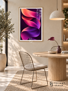 Neon Helix: A luminous twisting ribbon shifts from peach and coral through fuchsia to violet against a deep plum background. Wooden Texture PVC frame displayed with a round oak dining table and wire chairs.