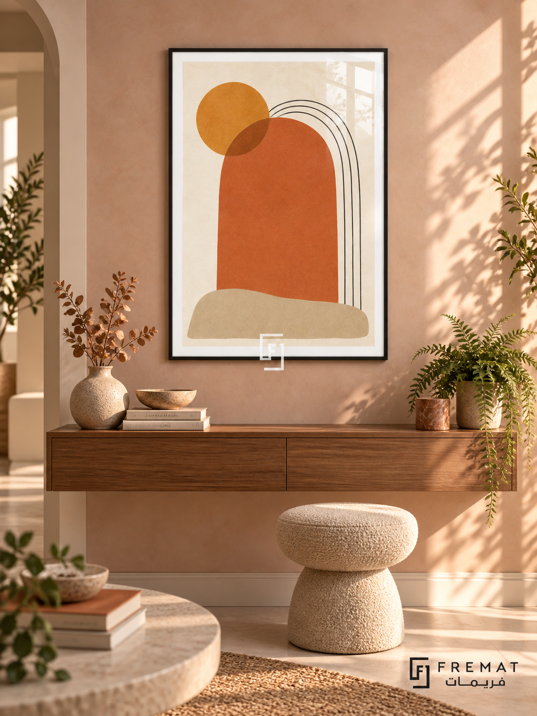 Solar Arch: terracotta and charcoal arches with an ochre sun on ivory, shown in a black PVC frame in a styled interior.