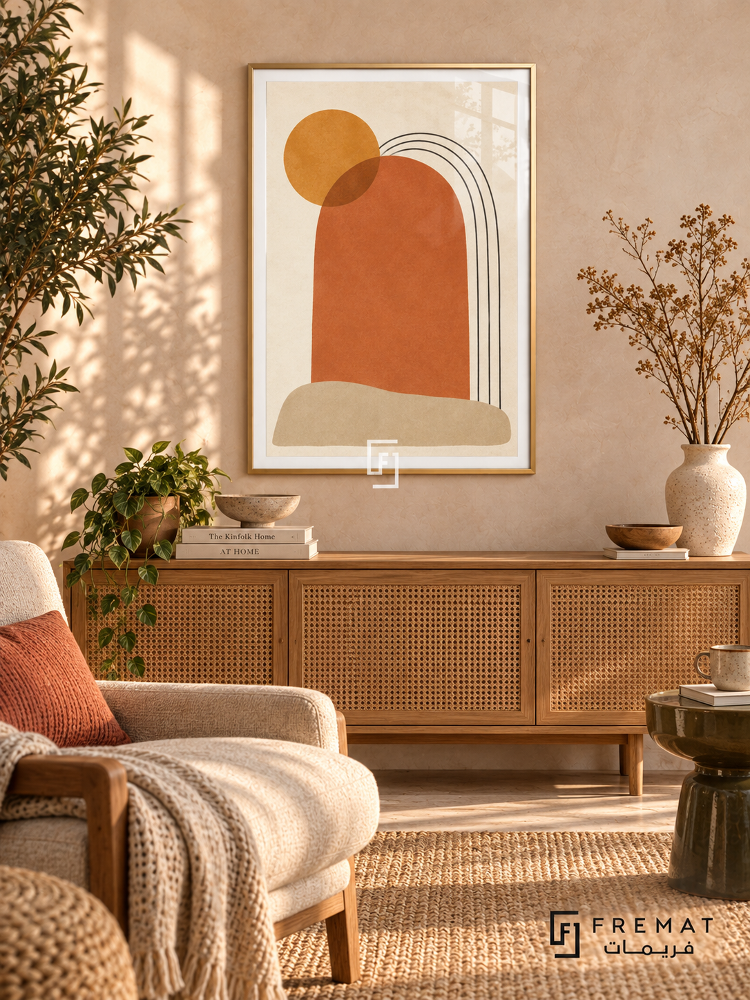 Solar Arch: terracotta and charcoal arches with an ochre sun on ivory, shown in a gold-finish PVC frame in a styled interior.