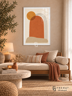 Solar Arch: terracotta and charcoal arches with an ochre sun on ivory, shown in a white PVC frame in a styled interior.