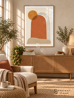 Solar Arch: terracotta and charcoal arches with an ochre sun on ivory, shown in a wooden-texture PVC frame in a styled interior.