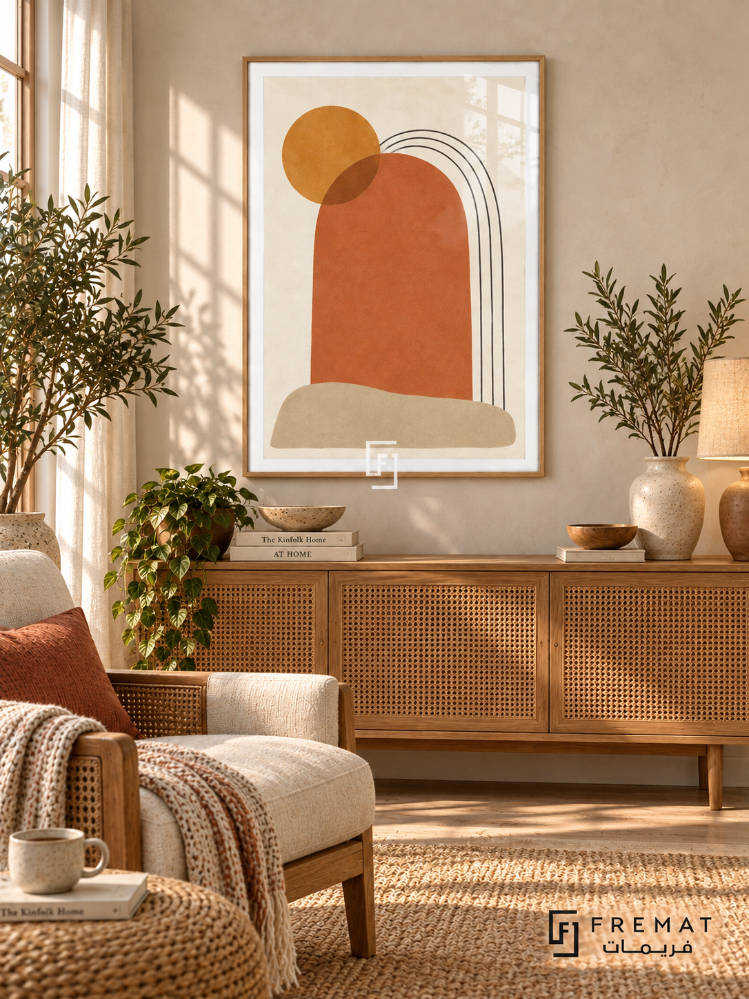 Solar Arch: terracotta and charcoal arches with an ochre sun on ivory, shown in a wooden-texture PVC frame in a styled interior.