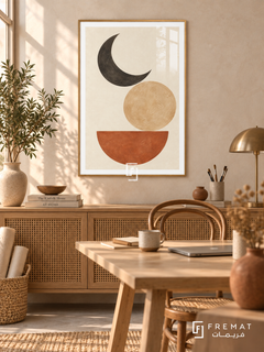 Moon Balance. A charcoal crescent, sand-colored disk and terracotta semicircle form a balanced geometric composition on ivory. Shown in a Gold PVC frame in a styled room.