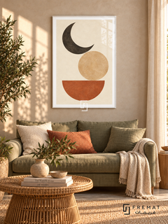 Moon Balance. A charcoal crescent, sand-colored disk and terracotta semicircle form a balanced geometric composition on ivory. Shown in a White PVC frame in a styled room.