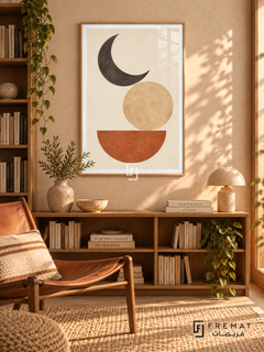Moon Balance. A charcoal crescent, sand-colored disk and terracotta semicircle form a balanced geometric composition on ivory. Shown in a Wooden Texture PVC frame in a styled room.