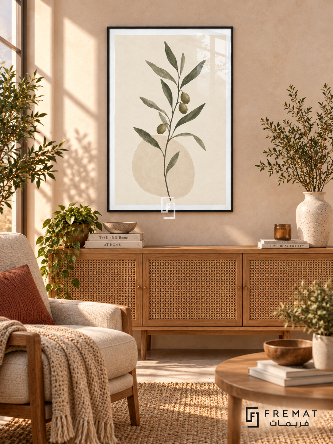 Olive Branch. A slender branch with olive-green leaves and dark olives rises above a pale oval on ivory. Shown in a Black PVC frame in a styled room.