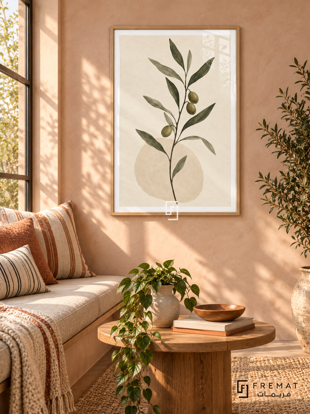 Olive Branch. A slender branch with olive-green leaves and dark olives rises above a pale oval on ivory. Shown in a Wooden Texture PVC frame in a styled room.