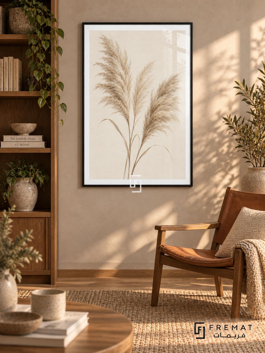 Pampas Whisper. Three delicate beige pampas plumes stand against a warm ivory background. Shown in a Black PVC frame in a styled room.