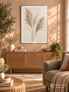 Pampas Whisper. Three delicate beige pampas plumes stand against a warm ivory background. Shown in a Gold PVC frame in a styled room.