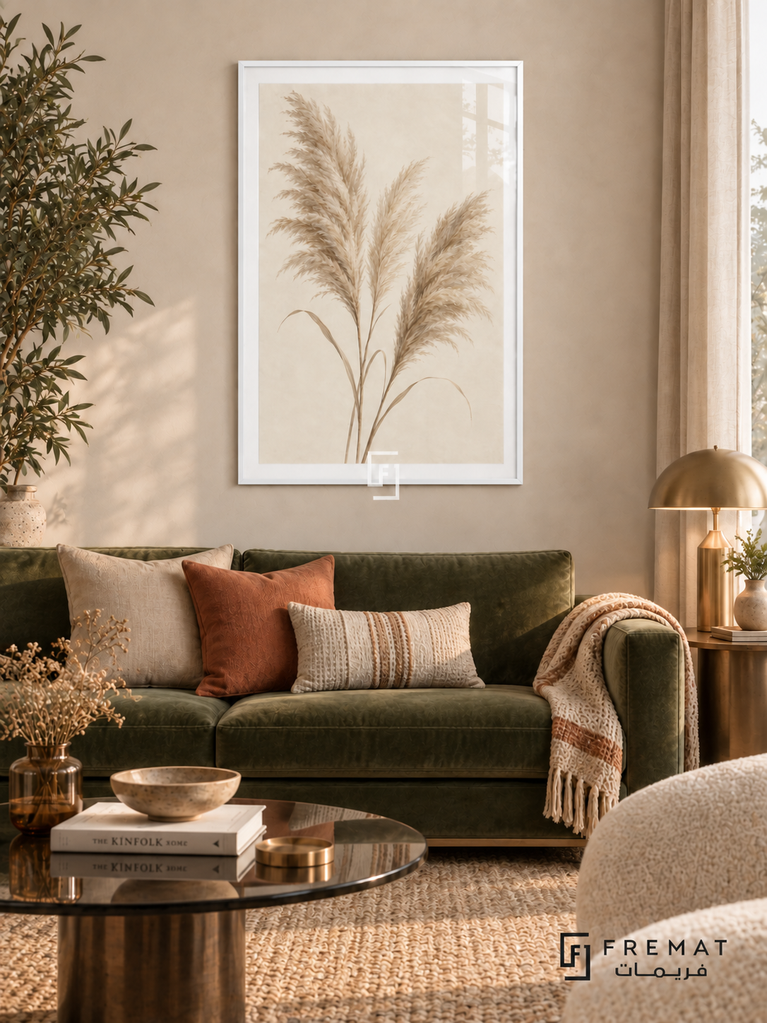 Pampas Whisper. Three delicate beige pampas plumes stand against a warm ivory background. Shown in a White PVC frame in a styled room.