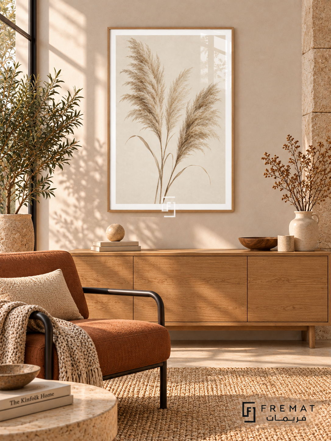 Pampas Whisper. Three delicate beige pampas plumes stand against a warm ivory background. Shown in a Wooden Texture PVC frame in a styled room.