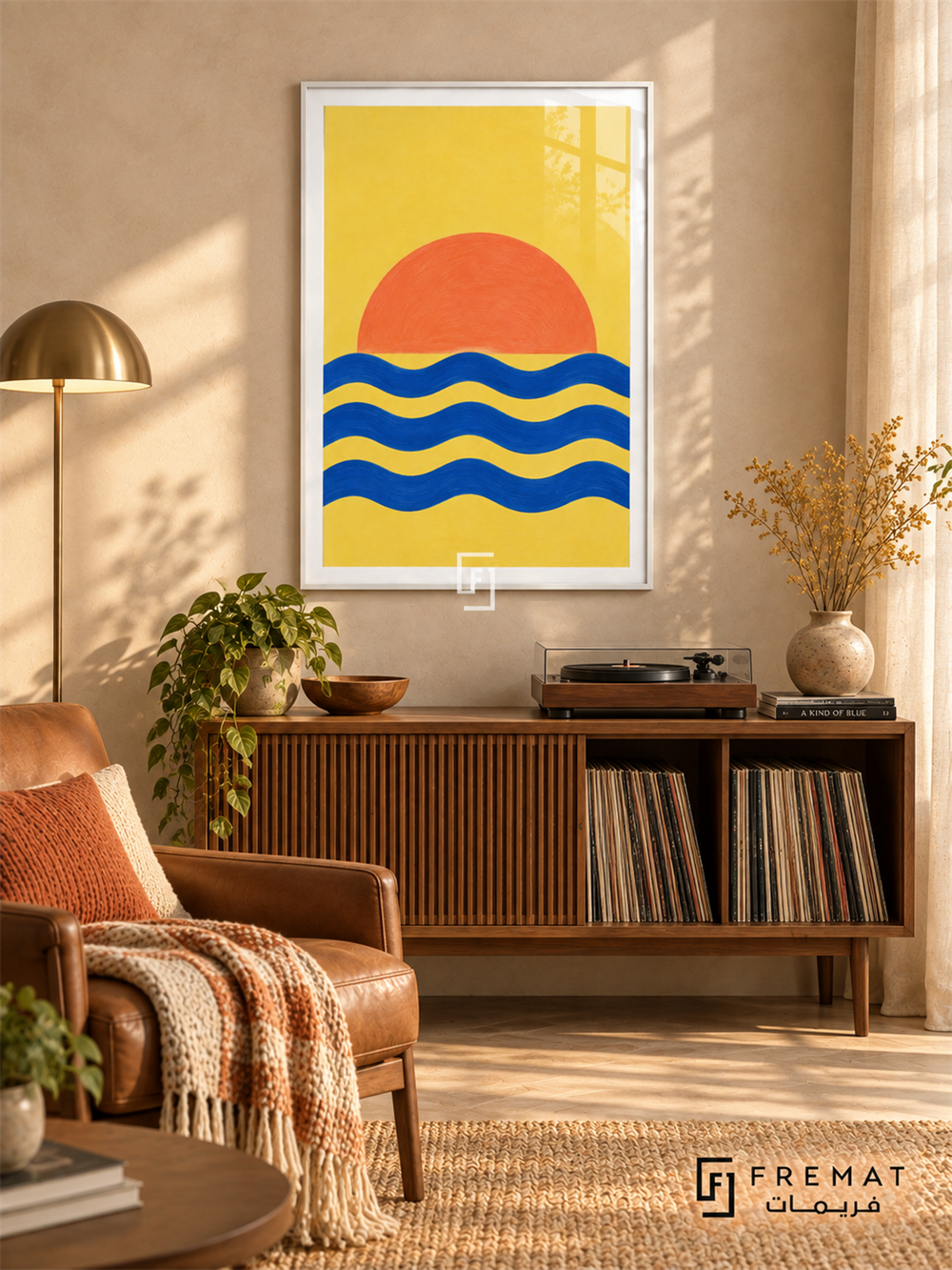 Cobalt Sunrise. An orange half-sun rises above three cobalt wave bands on a vivid yellow background. Shown in a White PVC frame in a styled room.