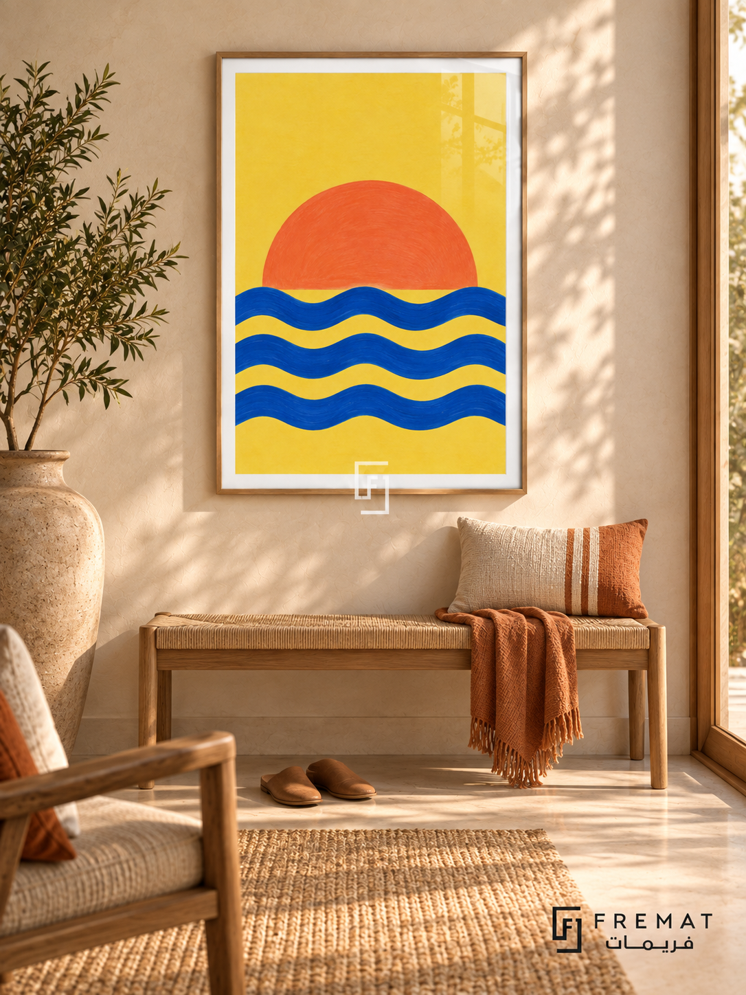Cobalt Sunrise. An orange half-sun rises above three cobalt wave bands on a vivid yellow background. Shown in a Wooden Texture PVC frame in a styled room.