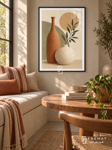 Sculptural Vessels. A tall terracotta vase and rounded ivory vessel meet an olive branch, sage block and ochre disk. Shown in a Black PVC frame in a styled room.