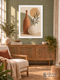Sculptural Vessels. A tall terracotta vase and rounded ivory vessel meet an olive branch, sage block and ochre disk. Shown in a White PVC frame in a styled room.