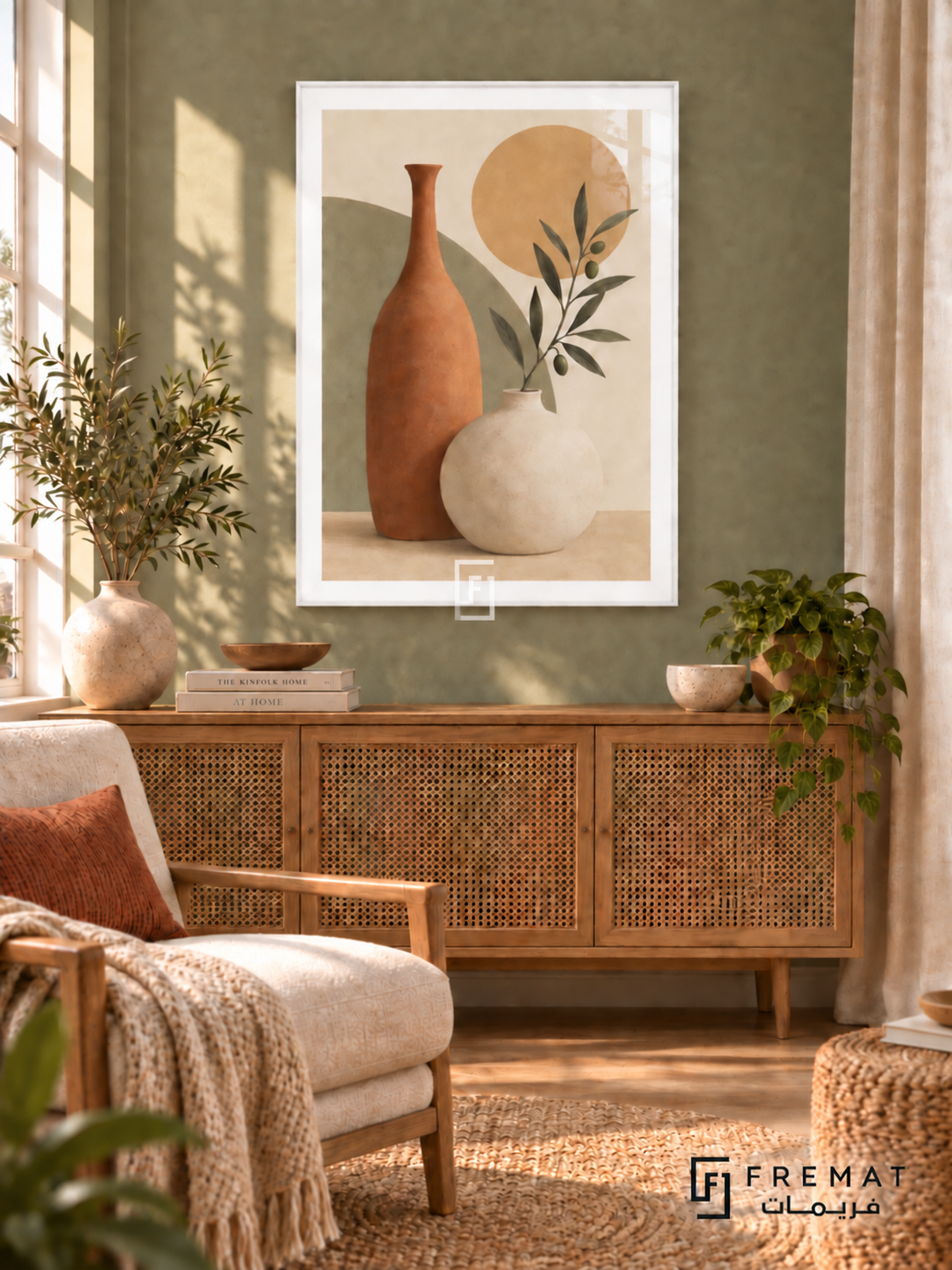 Sculptural Vessels. A tall terracotta vase and rounded ivory vessel meet an olive branch, sage block and ochre disk. Shown in a White PVC frame in a styled room.