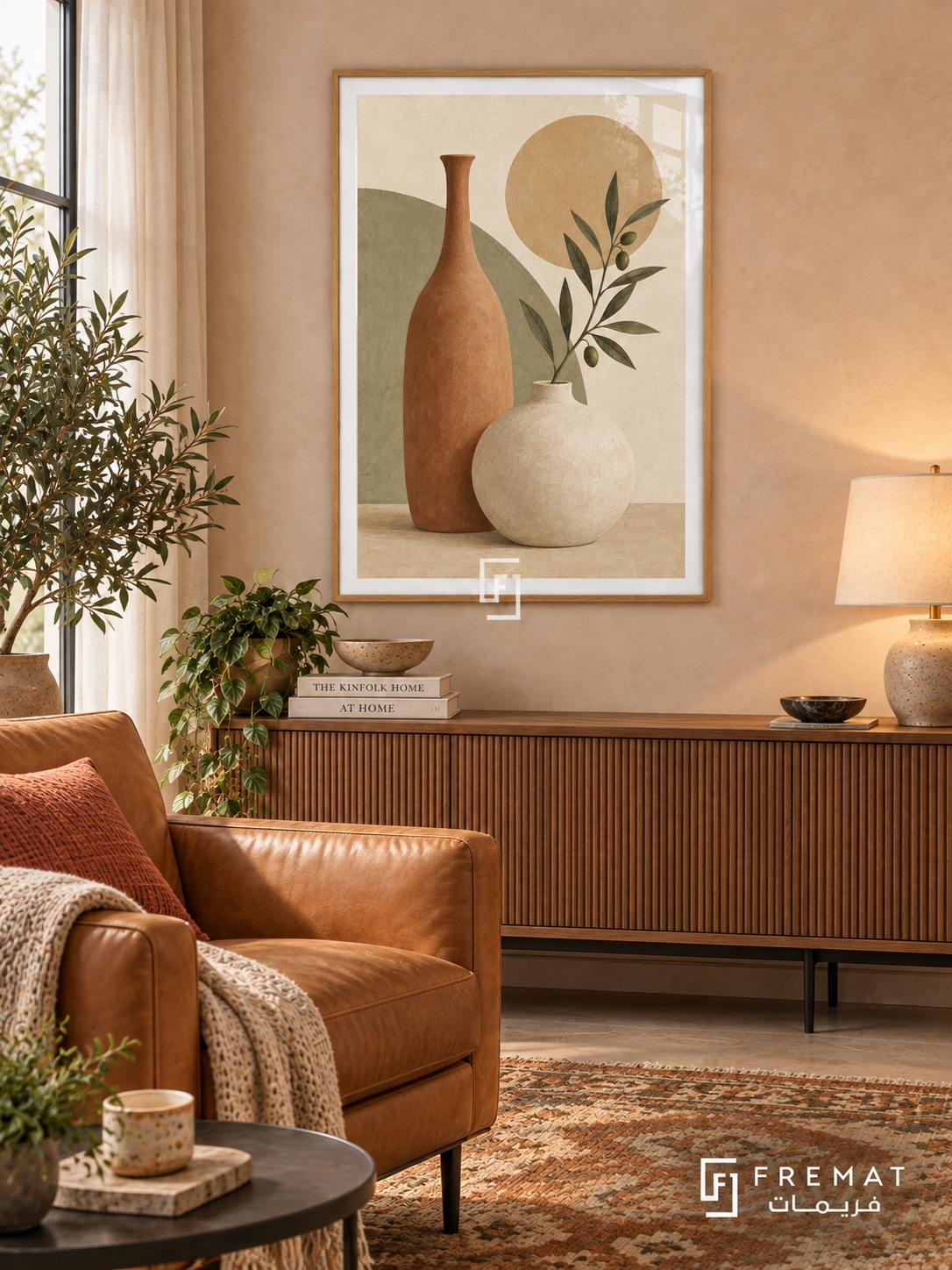 Sculptural Vessels. A tall terracotta vase and rounded ivory vessel meet an olive branch, sage block and ochre disk. Shown in a Wooden Texture PVC frame in a styled room.