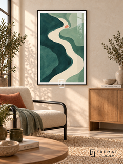 Teal River. Flowing teal and sage shapes surround an ivory river-like curve with a small coral accent. Shown in a Black PVC frame in a styled room.
