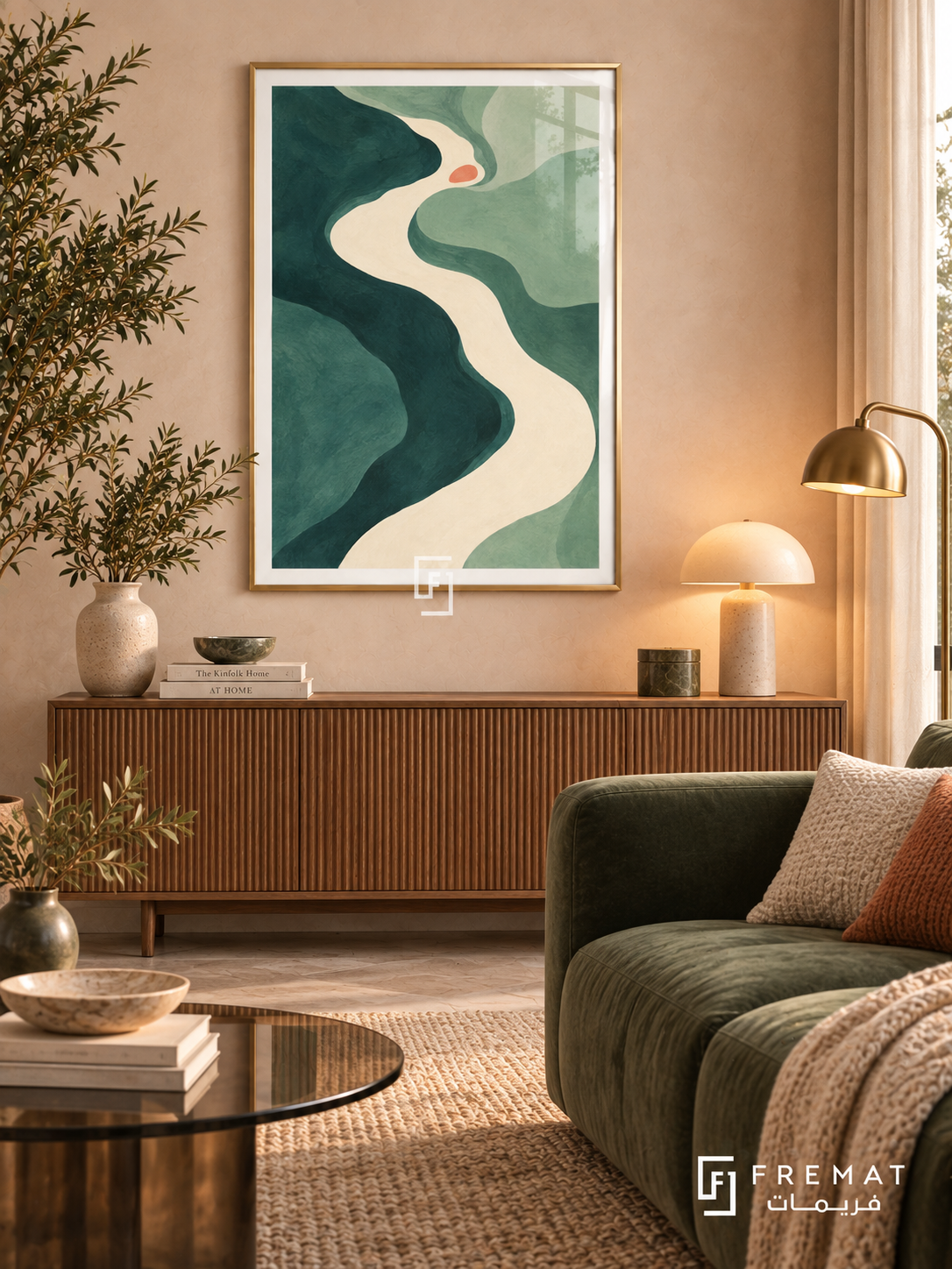 Teal River. Flowing teal and sage shapes surround an ivory river-like curve with a small coral accent. Shown in a Gold PVC frame in a styled room.