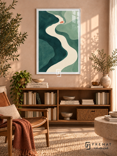 Teal River. Flowing teal and sage shapes surround an ivory river-like curve with a small coral accent. Shown in a White PVC frame in a styled room.