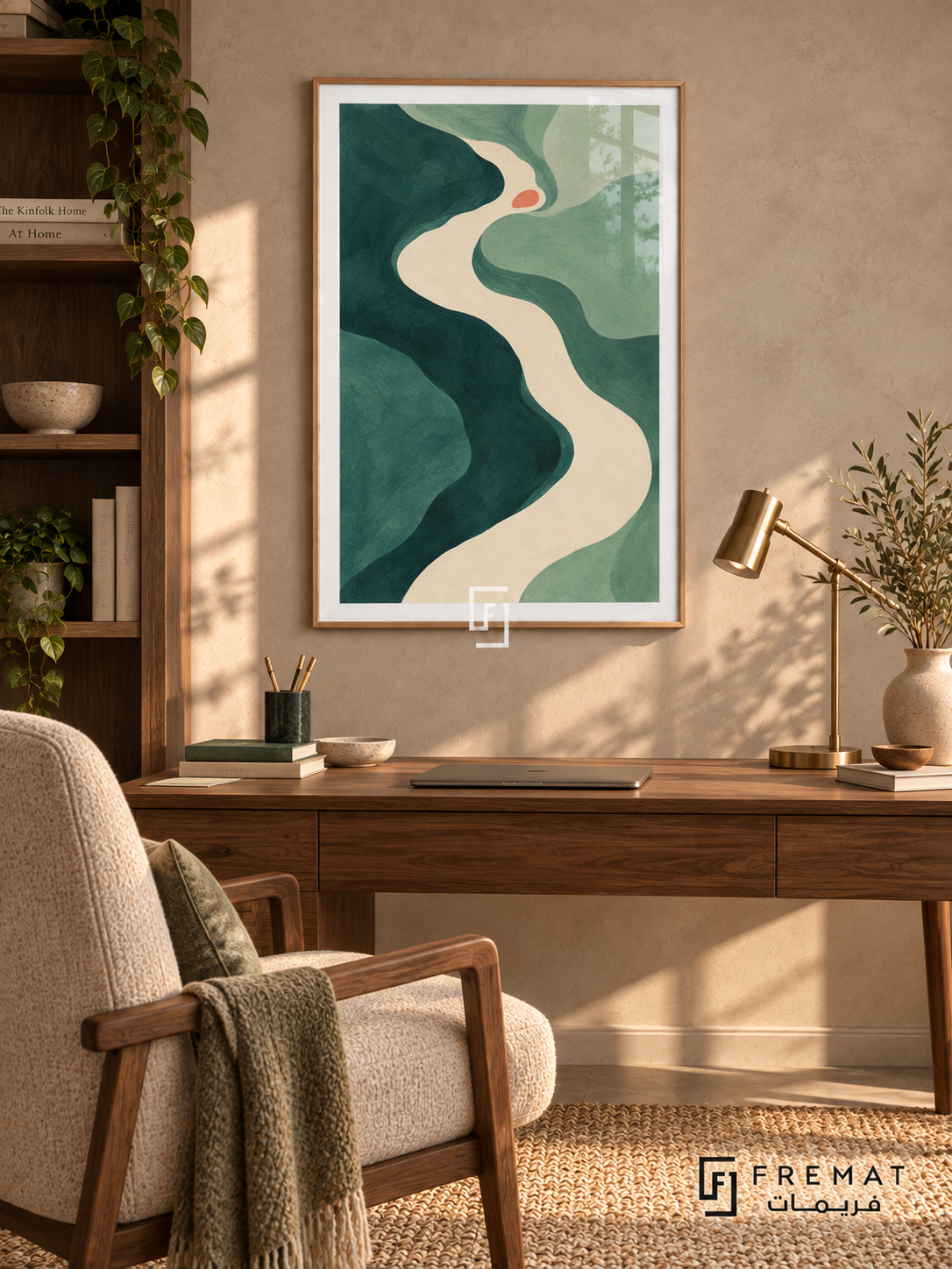 Teal River. Flowing teal and sage shapes surround an ivory river-like curve with a small coral accent. Shown in a Wooden Texture PVC frame in a styled room.