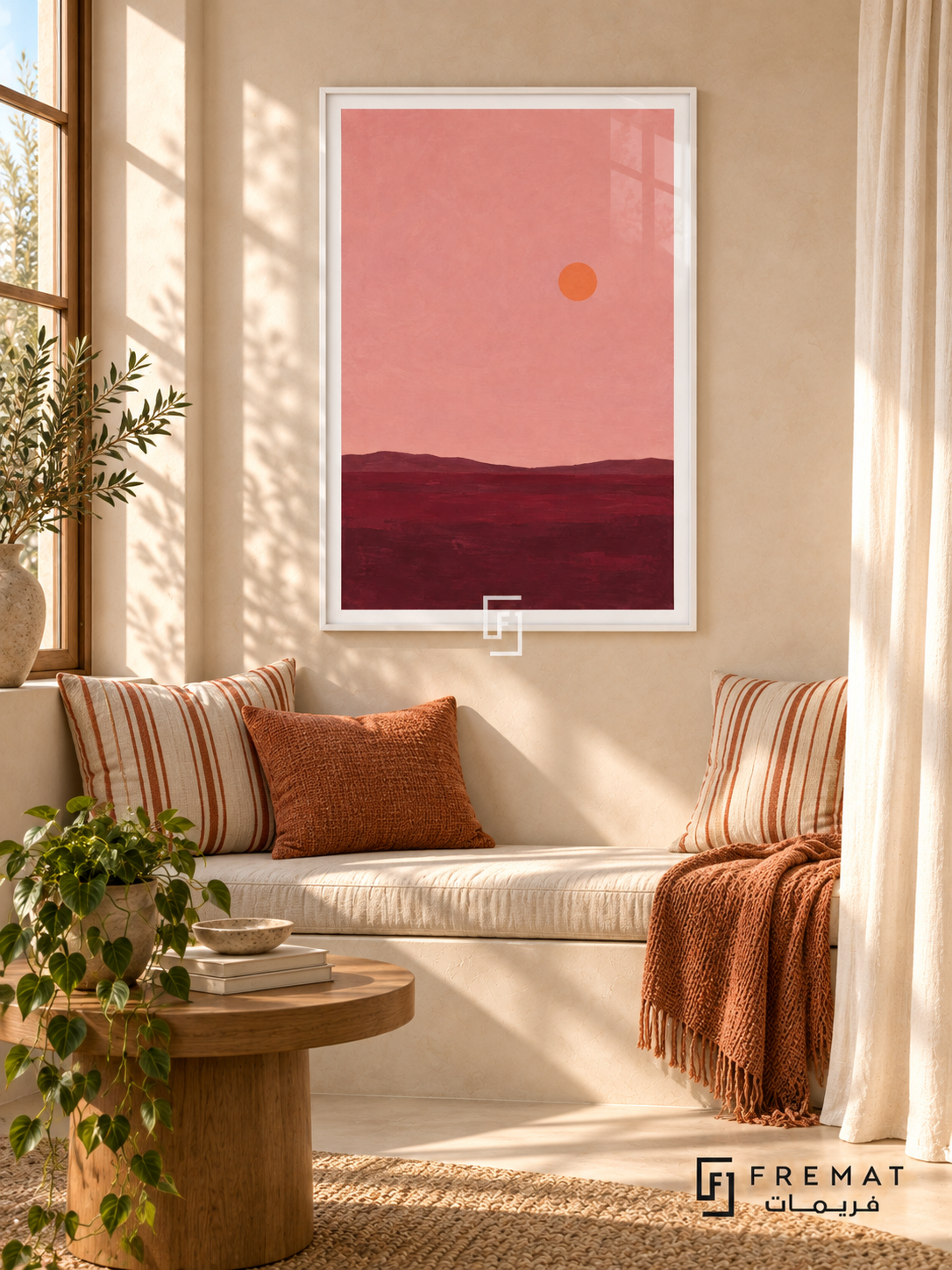 Pink Horizon. A small orange sun floats above a low burgundy horizon beneath a dusty pink sky. Shown in a White PVC frame in a styled room.
