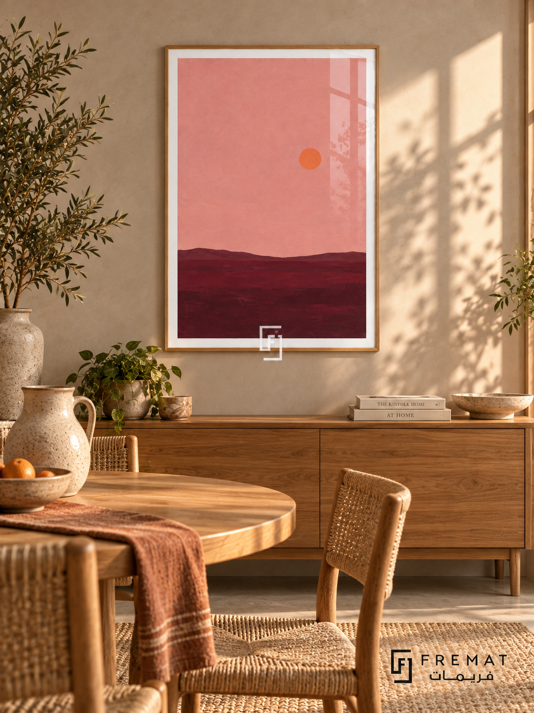 Pink Horizon. A small orange sun floats above a low burgundy horizon beneath a dusty pink sky. Shown in a Wooden Texture PVC frame in a styled room.