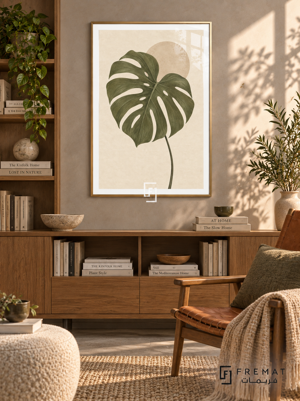 Monstera Study. An olive-green monstera leaf overlaps a pale sand disk on an ivory background. Shown in a Gold PVC frame in a styled room.