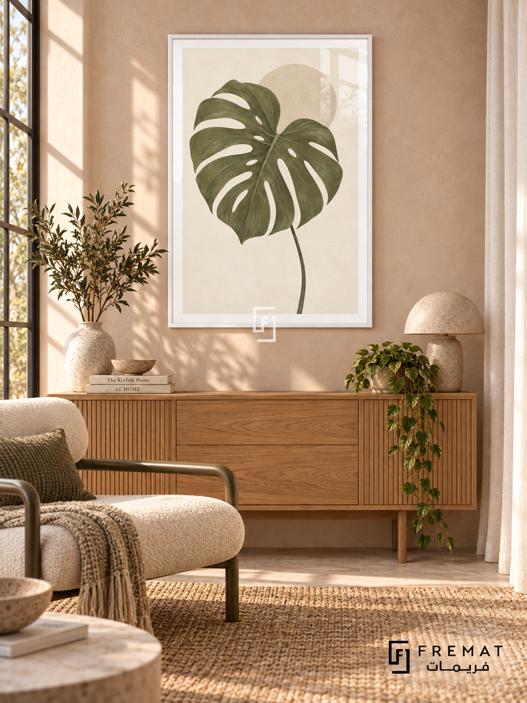 Monstera Study. An olive-green monstera leaf overlaps a pale sand disk on an ivory background. Shown in a White PVC frame in a styled room.