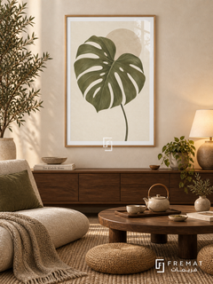 Monstera Study. An olive-green monstera leaf overlaps a pale sand disk on an ivory background. Shown in a Wooden Texture PVC frame in a styled room.