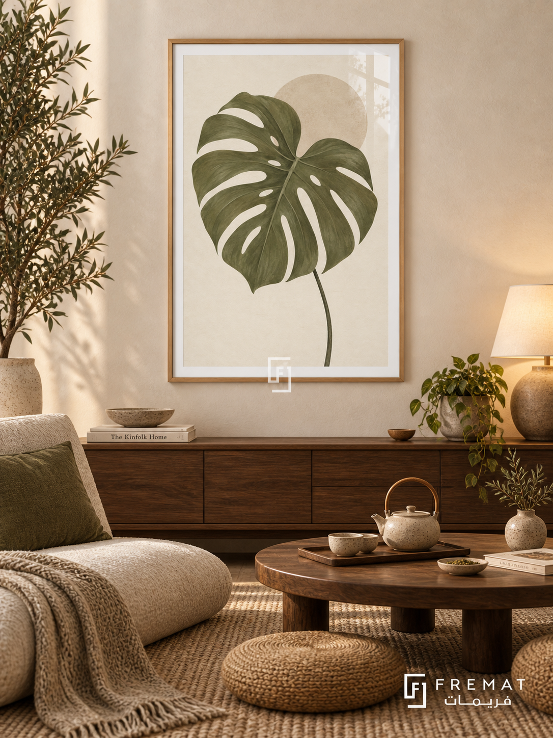 Monstera Study. An olive-green monstera leaf overlaps a pale sand disk on an ivory background. Shown in a Wooden Texture PVC frame in a styled room.