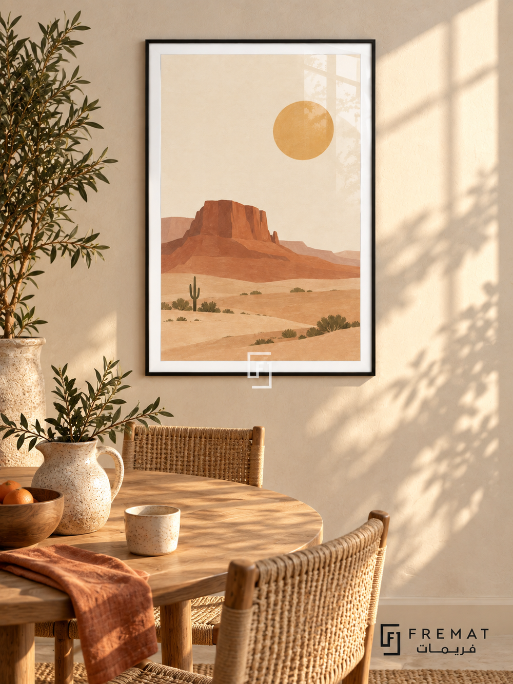 Desert Mesa. Terracotta mesas, small cacti and shrubs rise over sandy ground beneath an ochre sun. Shown in a Black PVC frame in a styled room.