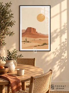 Desert Mesa. Terracotta mesas, small cacti and shrubs rise over sandy ground beneath an ochre sun. Shown in a Black PVC frame in a styled room.