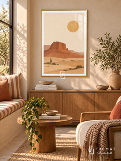 Desert Mesa. Terracotta mesas, small cacti and shrubs rise over sandy ground beneath an ochre sun. Shown in a Gold PVC frame in a styled room.