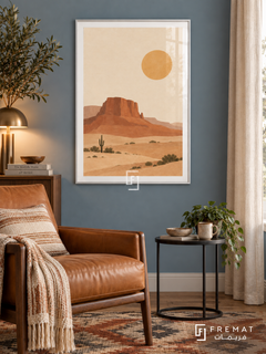 Desert Mesa. Terracotta mesas, small cacti and shrubs rise over sandy ground beneath an ochre sun. Shown in a White PVC frame in a styled room.