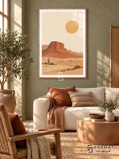Desert Mesa. Terracotta mesas, small cacti and shrubs rise over sandy ground beneath an ochre sun. Shown in a Wooden Texture PVC frame in a styled room.