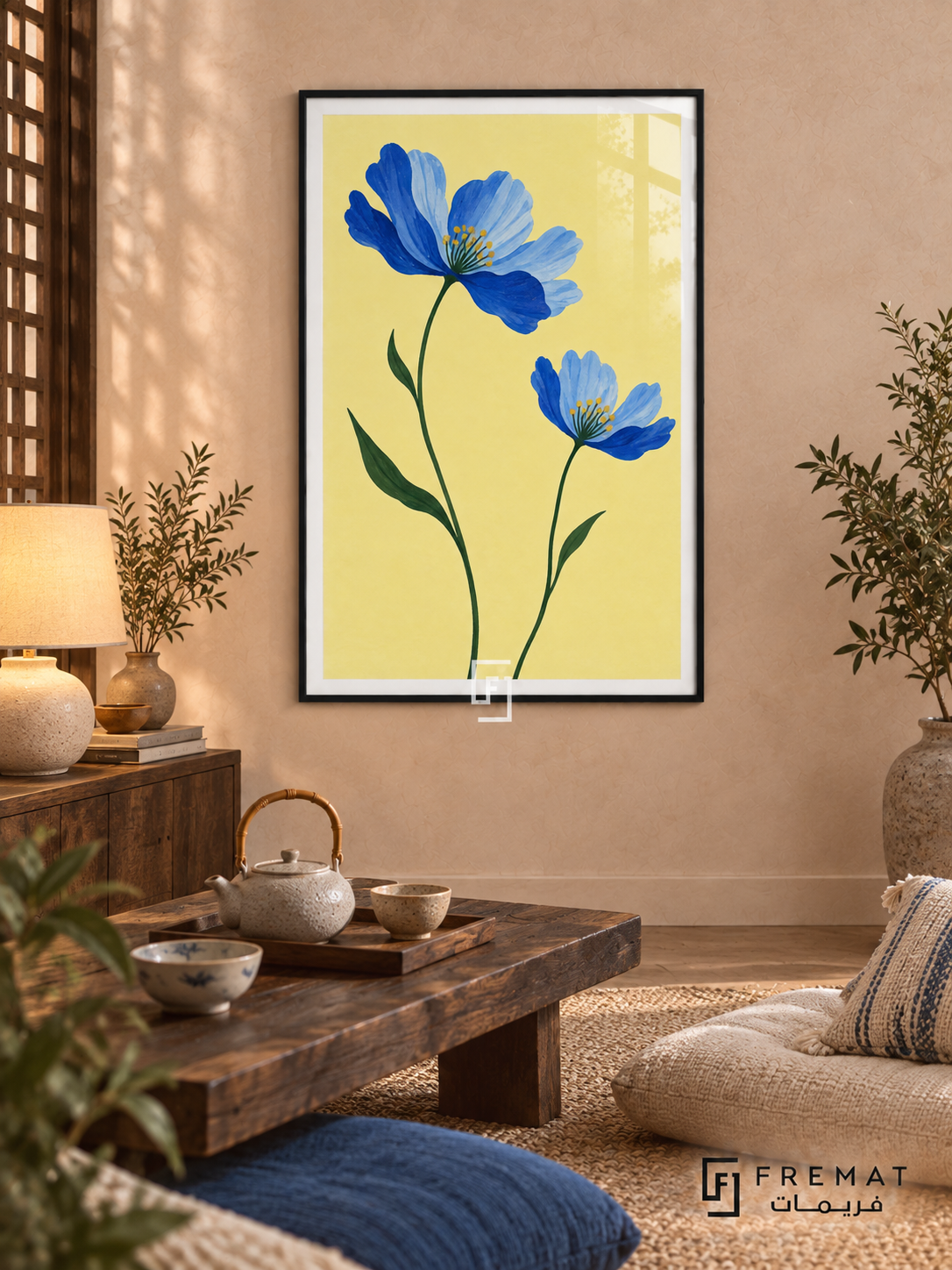 Blue Wildflowers. Two blue flowers on green stems brighten a buttery yellow background. Shown in a Black PVC frame in a styled room.