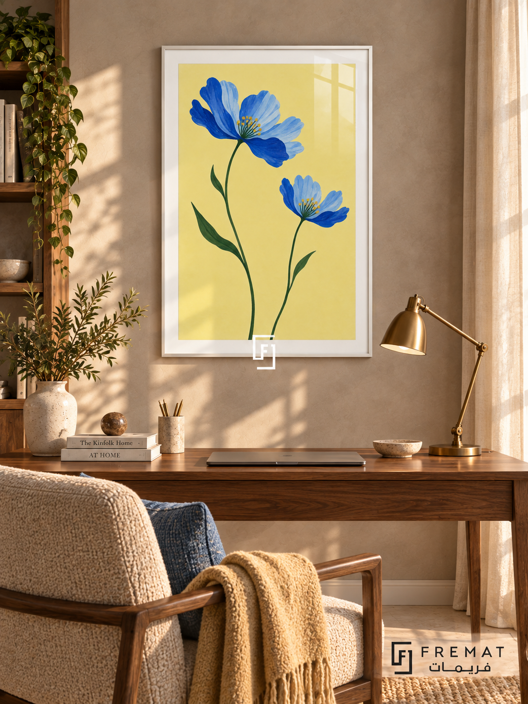 Blue Wildflowers. Two blue flowers on green stems brighten a buttery yellow background. Shown in a White PVC frame in a styled room.