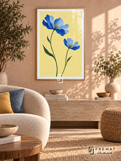 Blue Wildflowers. Two blue flowers on green stems brighten a buttery yellow background. Shown in a Wooden Texture PVC frame in a styled room.