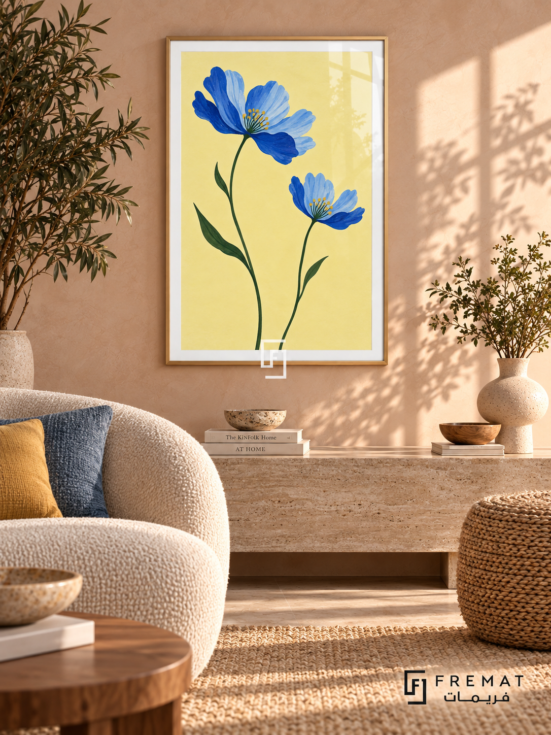 Blue Wildflowers. Two blue flowers on green stems brighten a buttery yellow background. Shown in a Wooden Texture PVC frame in a styled room.