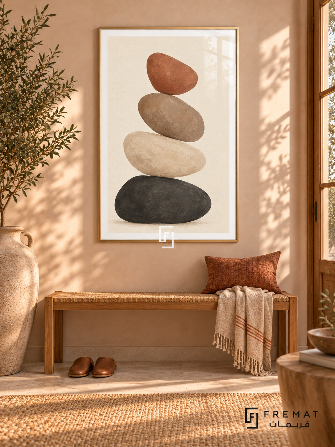Balanced Stones. Four charcoal, ivory, taupe and terracotta stones form a quiet vertical stack. Shown in a Gold PVC frame in a styled room.
