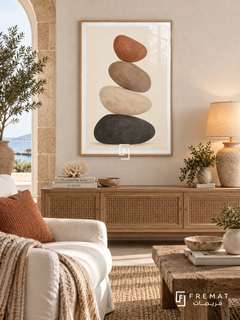 Balanced Stones. Four charcoal, ivory, taupe and terracotta stones form a quiet vertical stack. Shown in a Wooden Texture PVC frame in a styled room.