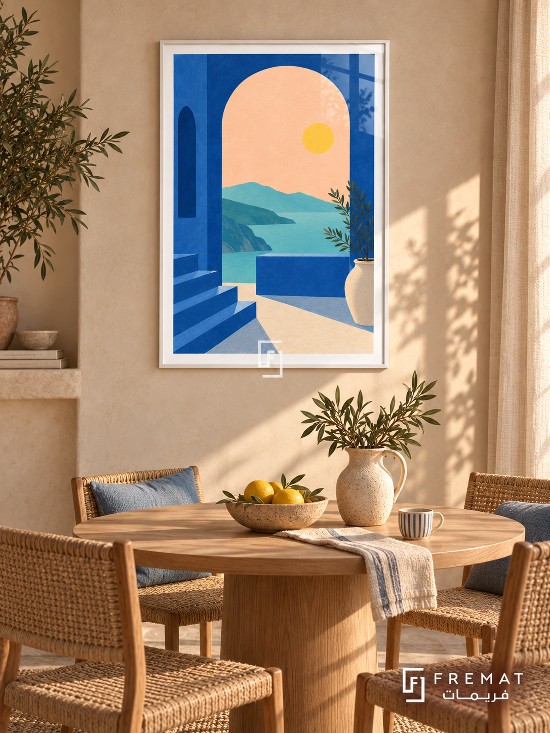 Blue Arch View. A cobalt arch and steps frame turquoise water, distant hills and a yellow sun, with a potted leafy branch. Shown in a White PVC frame in a styled room.